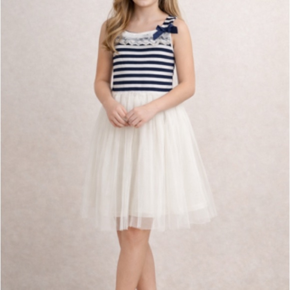 Girls Navy Striped Top with Cream Tulle Skirt Dress